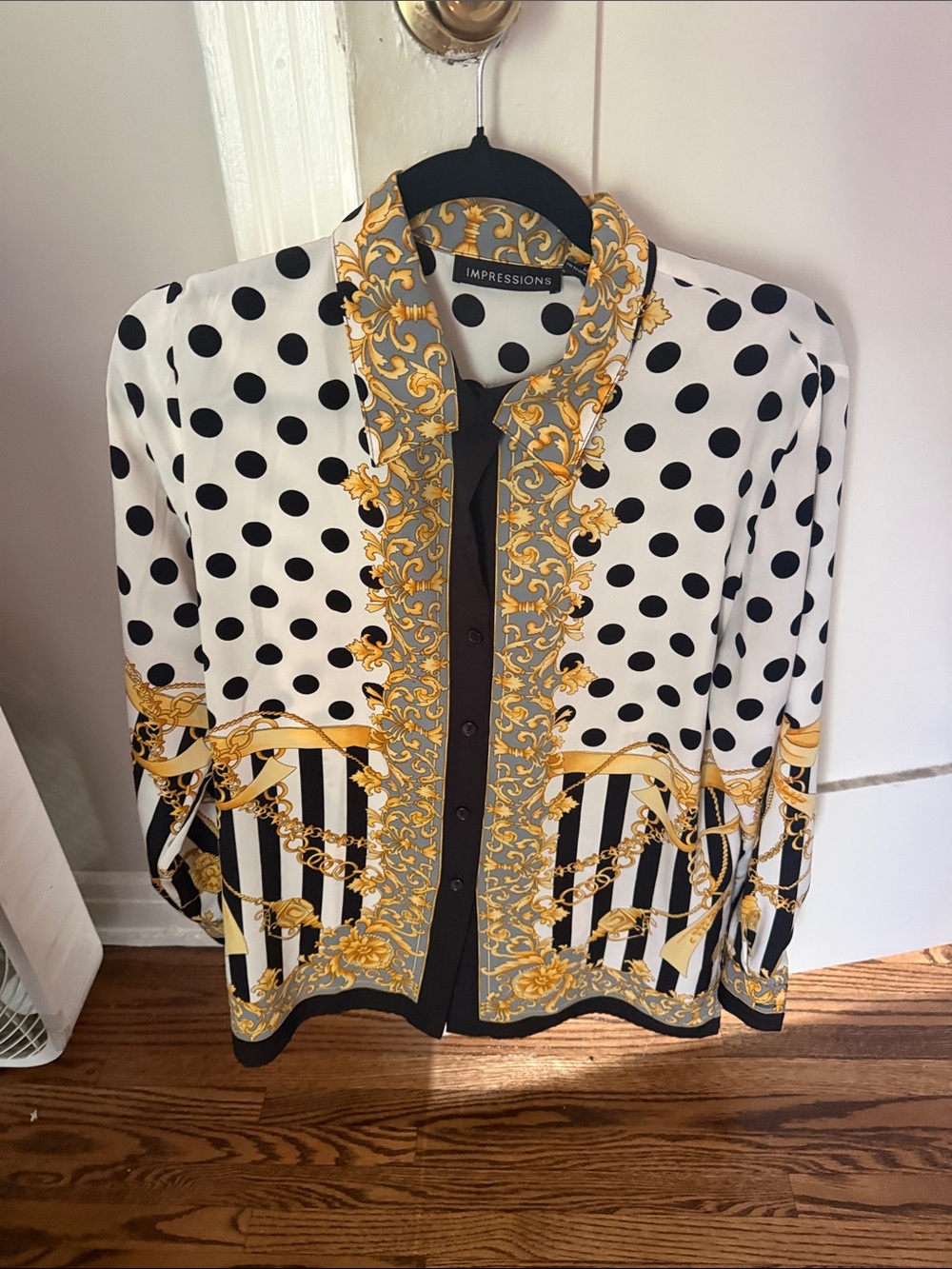 Vintage Polka Dot & Chain Print Button-Down Shirt in Black, White & Gold